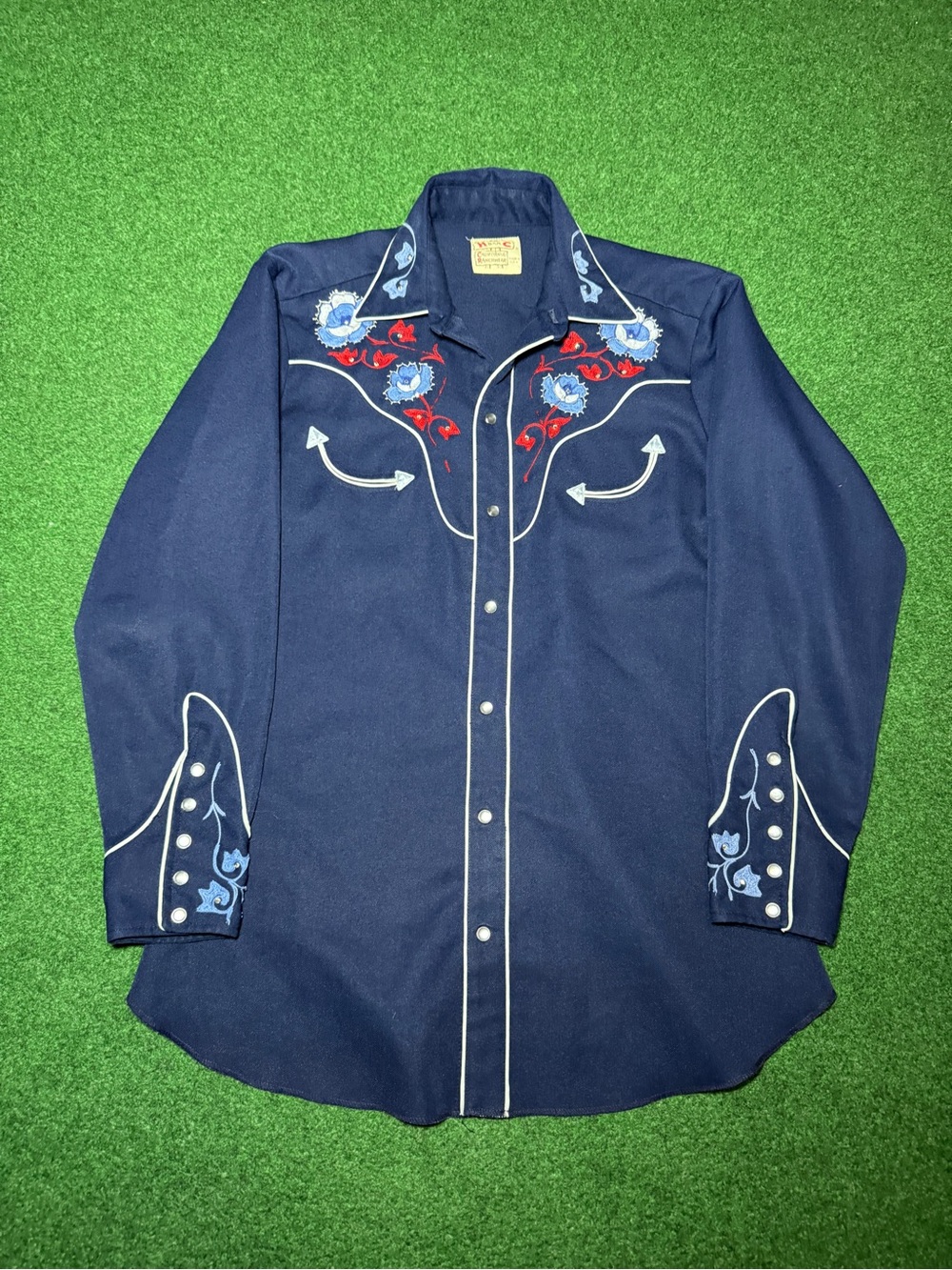 H Bar C Vintage Pearl Snap 70s Embroidered Floral Blue Western Medium 21x31